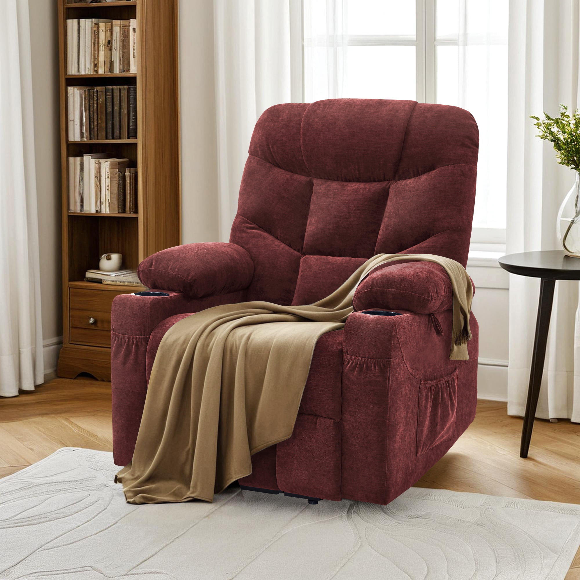 MCombo Regular Power Lift Recliner Chair with Extended Footrest for Elderly People, Fabric 7287 (Burgundy, Regular)