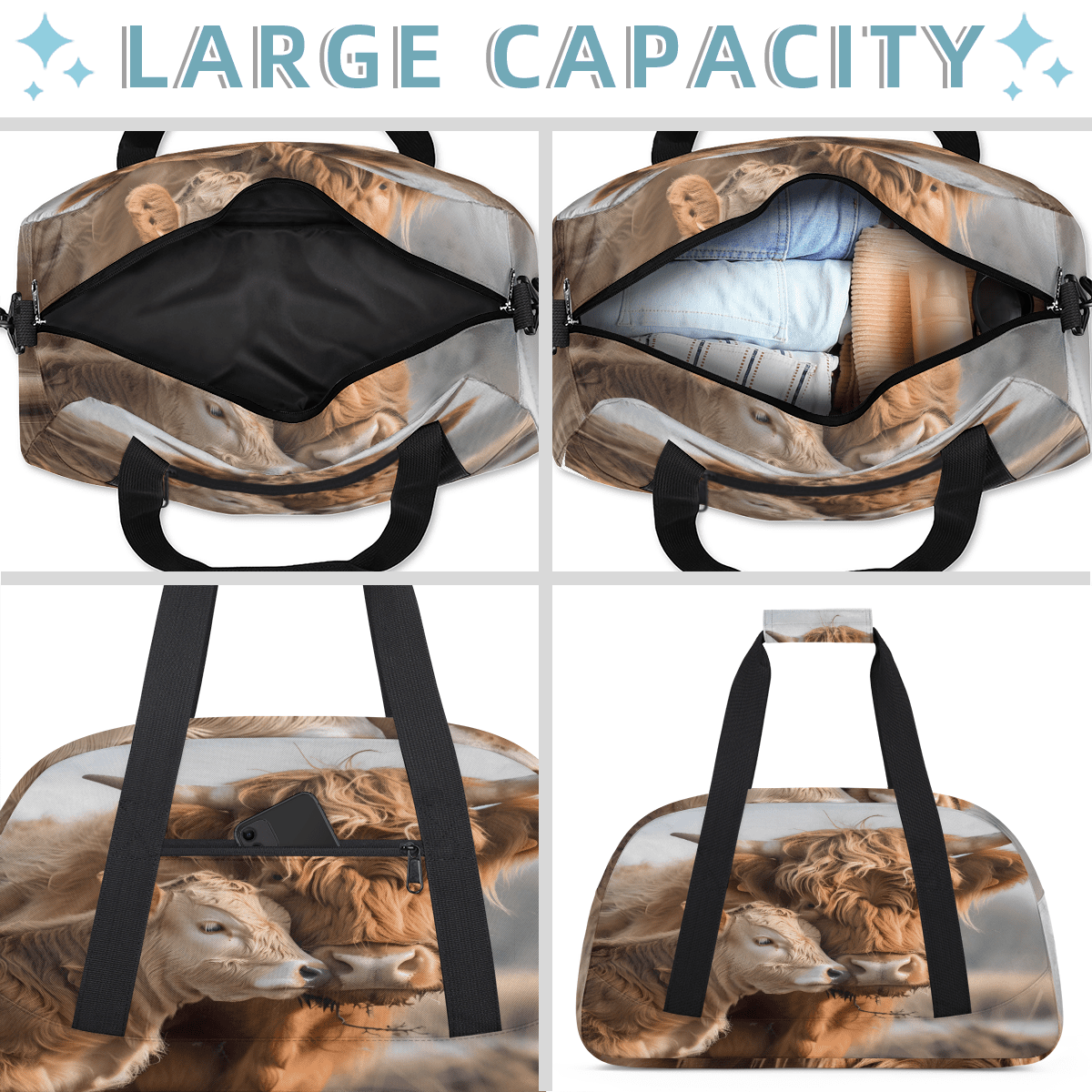 Herdesigns Sports Duffle Bags Travel Duffle Bag Gym Bag Farmhouse Highland Cow Weekender Travel Bag Waterproof Overnight Bag Carry On Travel Tote Bag Dance Bags