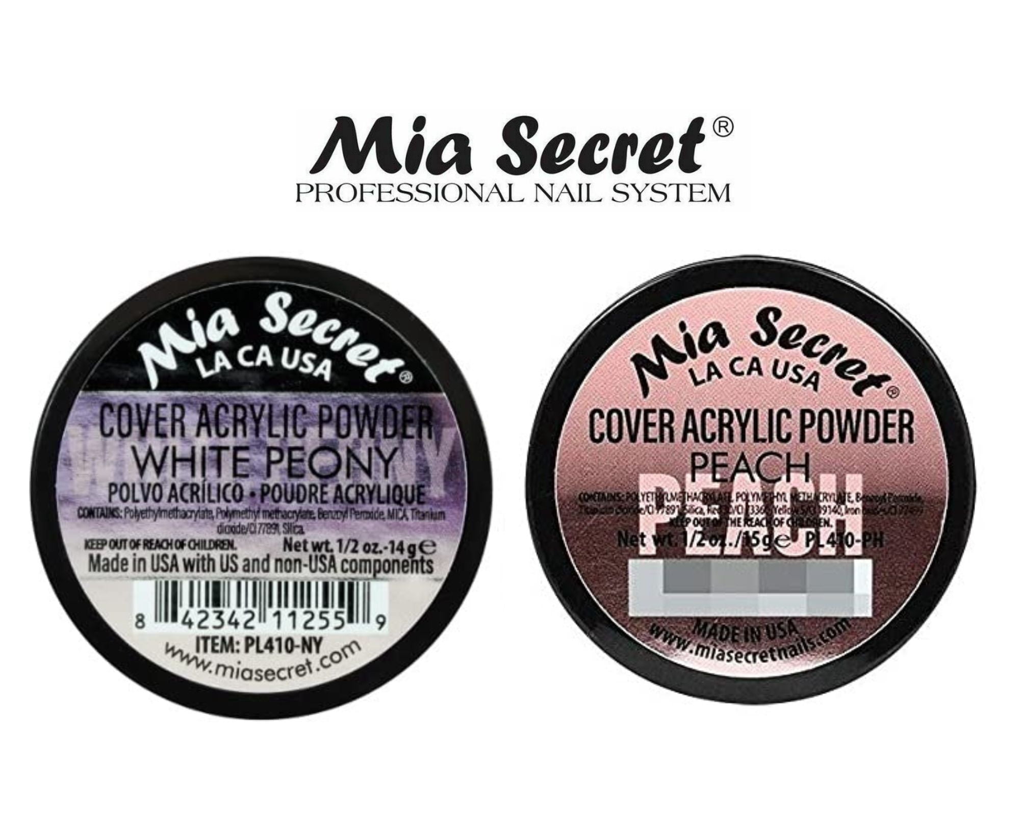 Mia Secret - Liquid Monomer 2oz & (Cover Acrylic Powder White Peony + Cover Acrylic Powder Peach) 0.5 oz. - COMBO