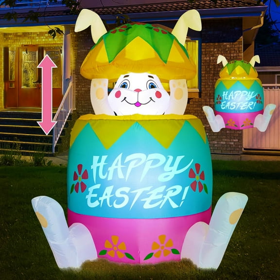 Pop Up and Down Easter Bunny Inflatables Outdoor Decoration,5Ft Inflatable Bunny in Easter Egg,Blow Up Rabbit Decoration Built-in LED Lights for Yard Party Lawn Spring