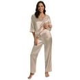 thumbnail image 2 of Women's Summer Satin Pajama Set Short Sleeve V Neck T-shirt with Long Pants 2 Piece Sleepwear Loungewear Pjs Set Soft PJs, S-2XL, 2 of 7