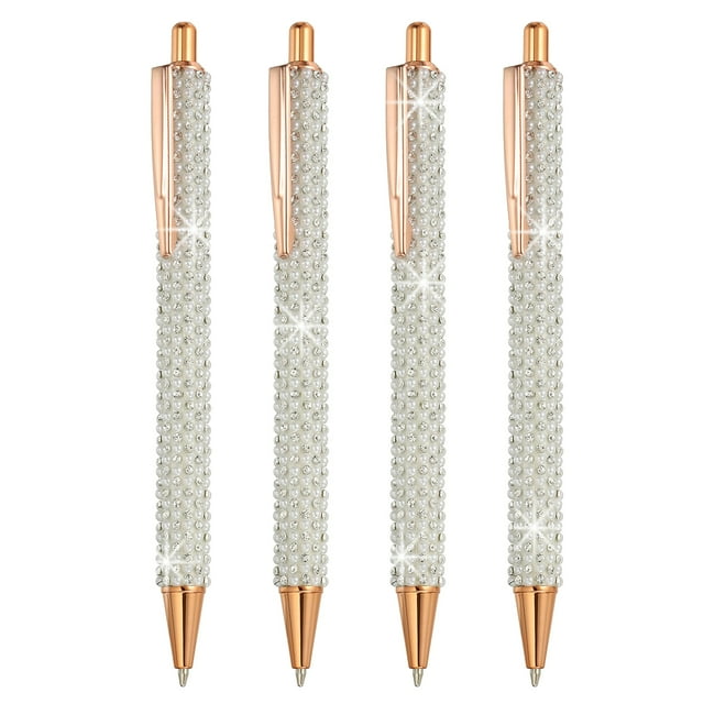 Bolígrafo de metal con rhinestones 4 paquetes, bolígrafos de perlas de cristal, tinta negra, punta de 1.0mm, brillante para mujeres, regalo, oficina, toma de notas, journaling, blanco