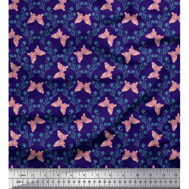 Soimoi Blue Polyester Crepe Fabric Flower & Butterfly Printed Fabric 1 Yard 52 Inch Wide