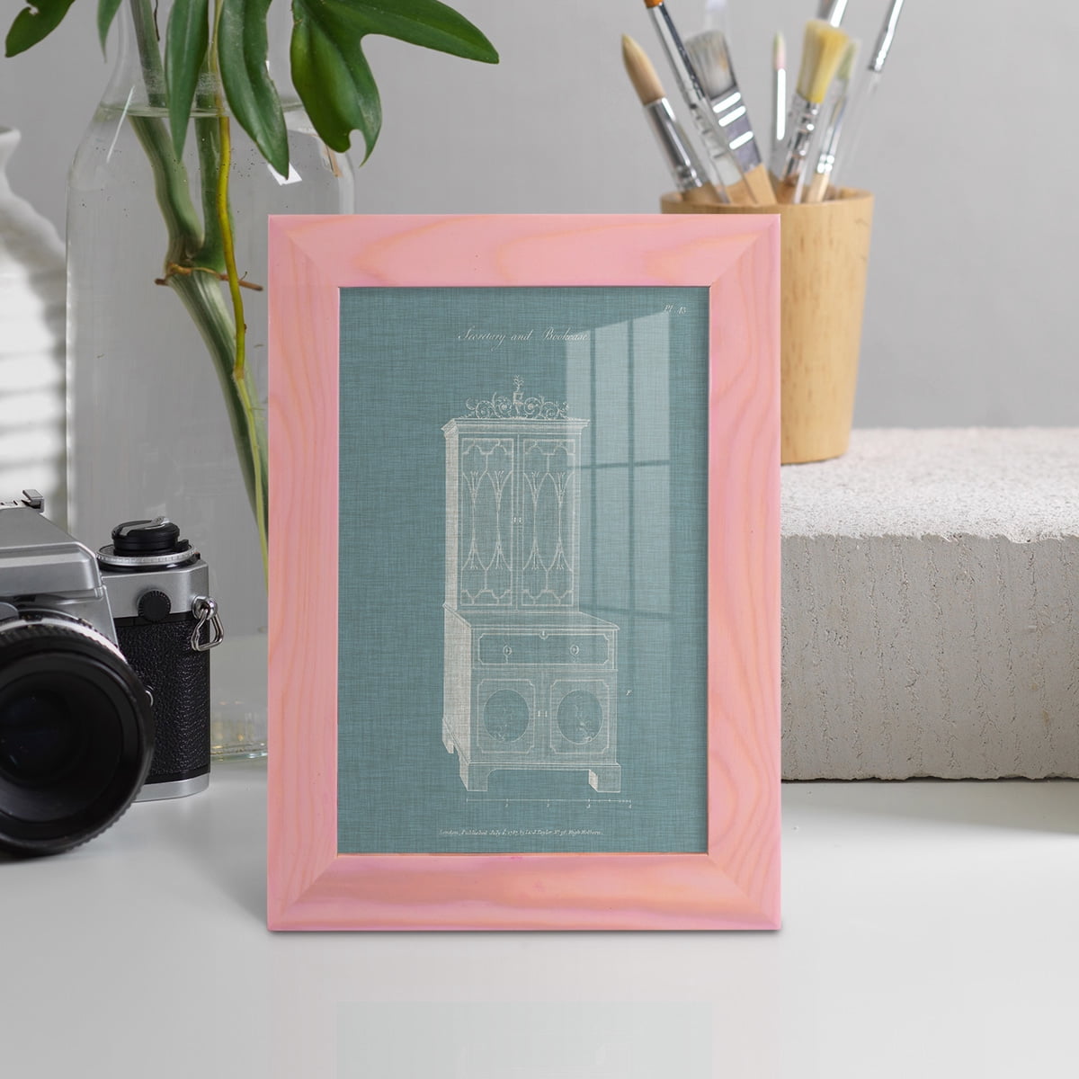 Hepplewhite Desk & Bookcase III - Framed Print w/glass - Sunset Pink