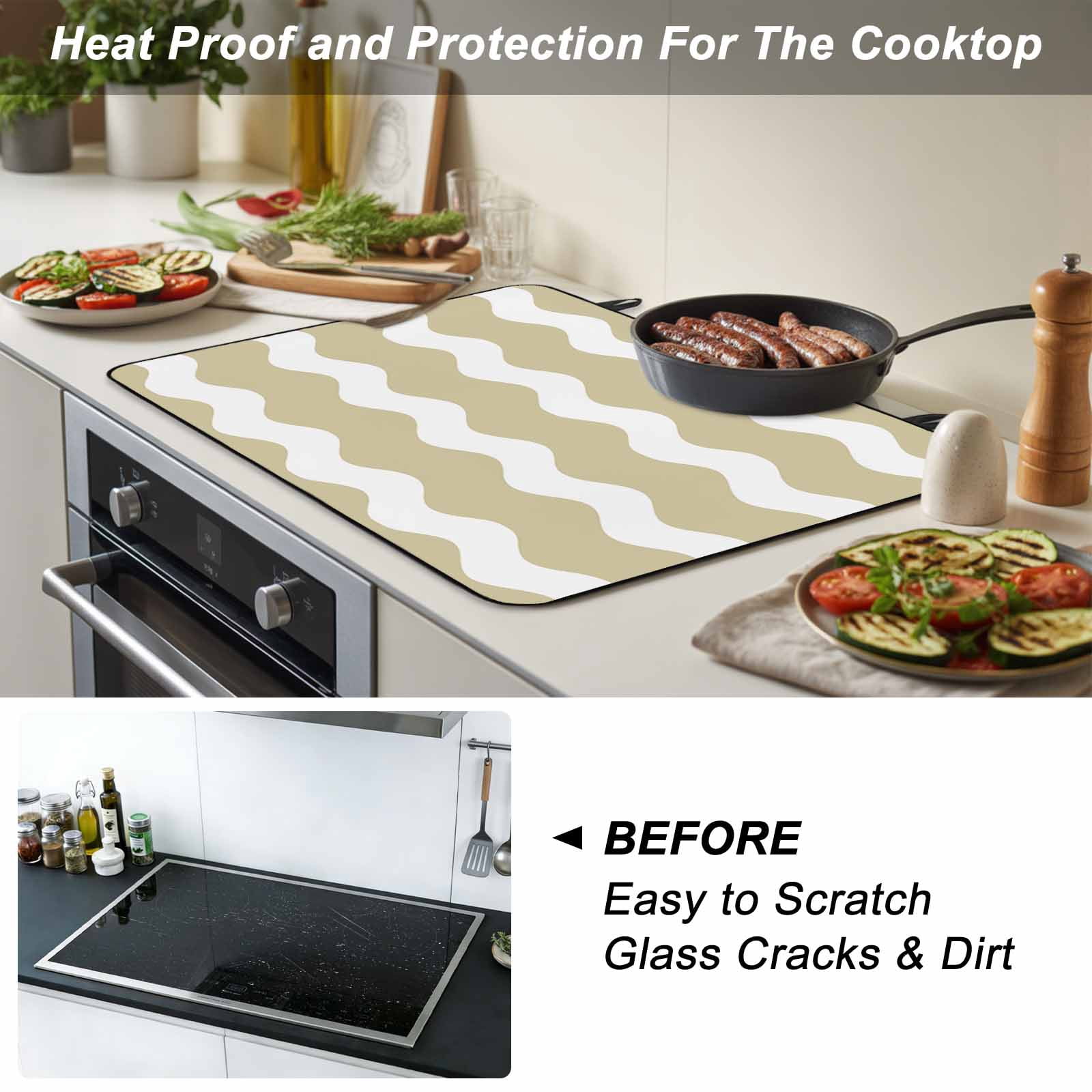 Light Brown Ripple Stove Top Cover for Electric Stove,Heat-proof & Non Slip Glass Top Stove Cover Protector,Simple Light Brown White Waves Aesthetics Kitchen Flat Cooktop Rubber Mat 28.5x20.5 Inches