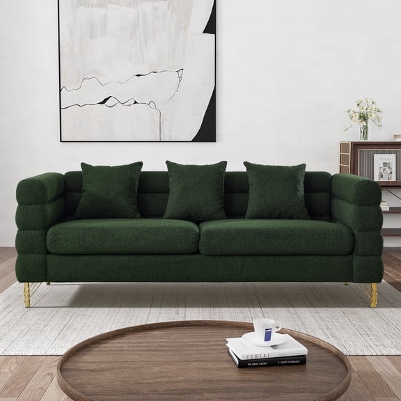 Wiilayok 79" Velvet Cloud Couch,3 Seater Deep Seat Sofa Couches with Gold Legs,Pillows,Modern Oversized Loveseat for Living Room,Office Apartment,Emerald Green