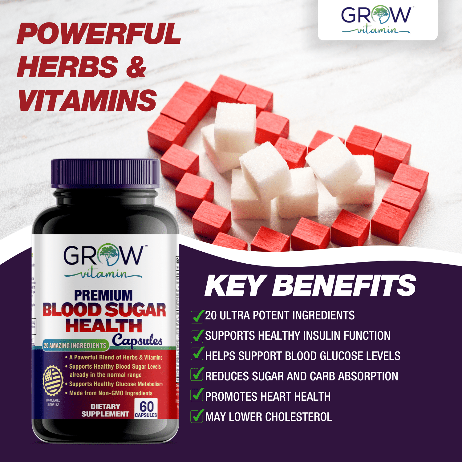 Grow Vitamin Blood Sugar Complex with Cinnamon Bark Capsules, Supports Heart Health, Energy & Immune System, 60 Count