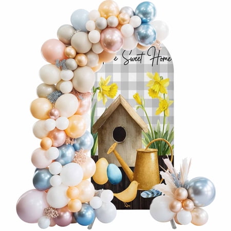 Spring Eggs Arch Backdrop Cover 7.2 FT Kettles Yellow Flower Grey Plaid Home Farm Stretchy Elastic Arch Stand Covers Spandex Arched Background Birthday Wedding Party Decoration (No Stand)