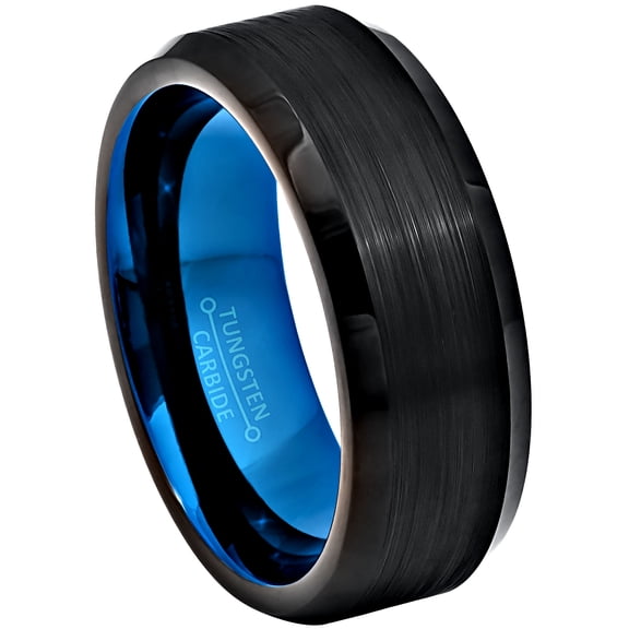 Jewelry Avalanche 2-tone Men's Black & Blue Tungsten Carbide Wedding Band, 8mm, Beveled, Comfort Fit Ring size 10