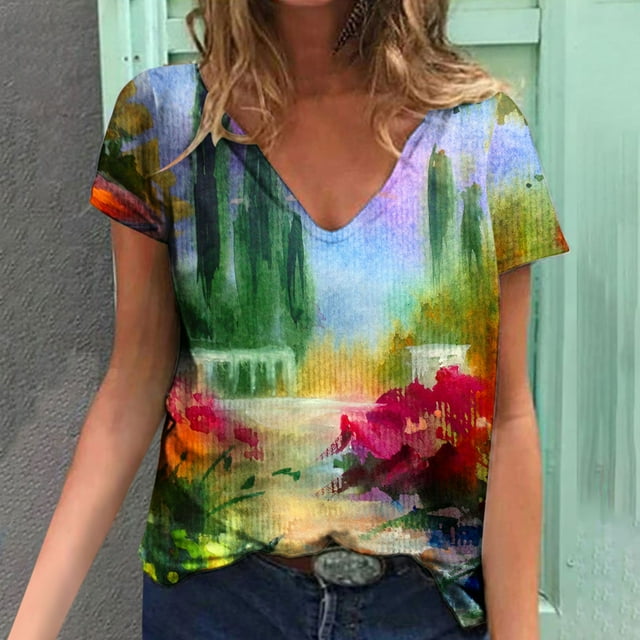 Hauts d'Été Grande Taille pour Femmes Blouse Imprimée Tendance d'Été T-Shirts Décontractés Col en V Manches Courtes T-Shirts Hauts Col en V Femmes en Solde
