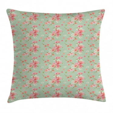 Shabby Chic Throw Pillow Cushion Cover, Retro Spring Blossom Flowers with French Garden Florets Garland Artisan Image, Decorative Square Accent Pillow Case, 18 X 18 Inches, Mint Pink, by Ambesonne