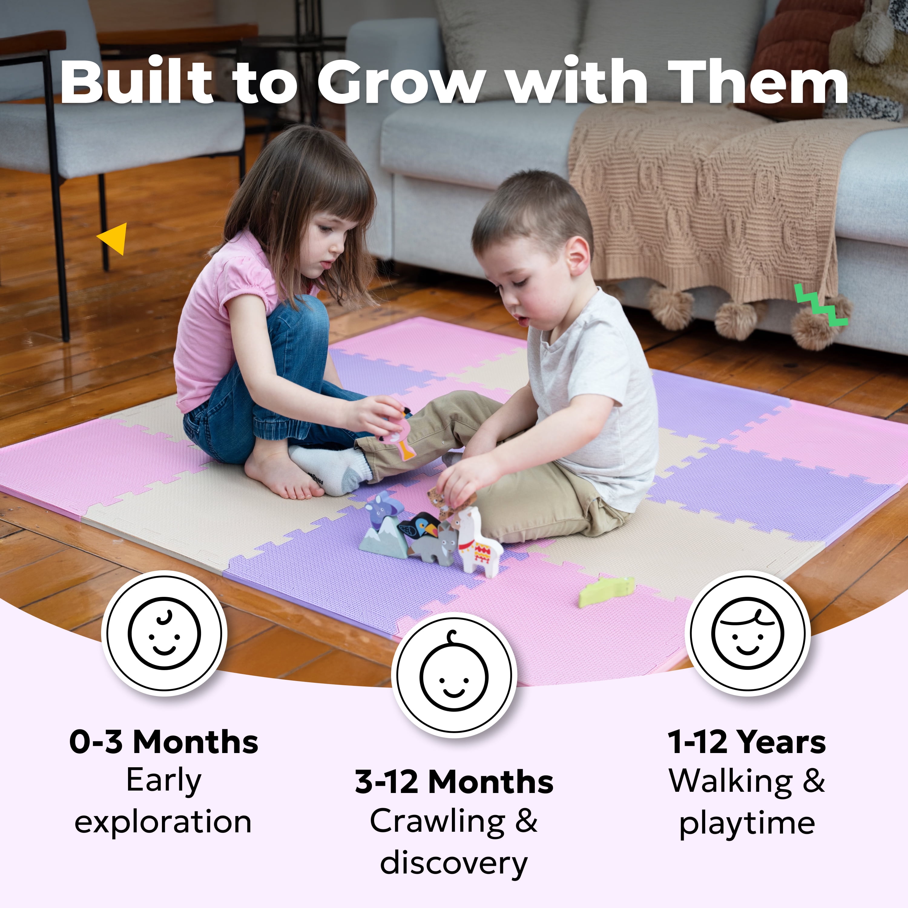MioTetto Non-Toxic Foam Play Mat for Babies & Kids, Interlocking Puzzle Tiles, Pink-Purple-Beige, 18 Pieces – Perfect for Tummy Time, Crawling, Nursery, Playroom, or Gym