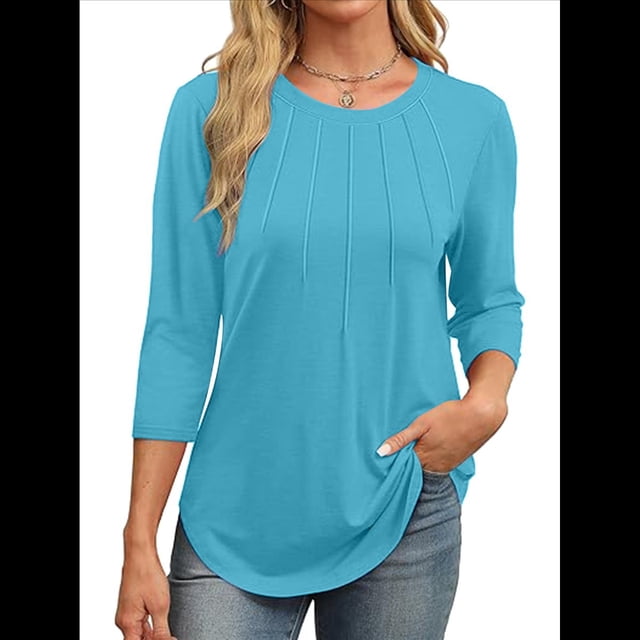 Blusas de Mujer con Mangas 3/4, Cuello Redondo, Túnicas Casuales, Camisas Plisadas Básicas, Corte Holgado, 2025 Azul y Verde M