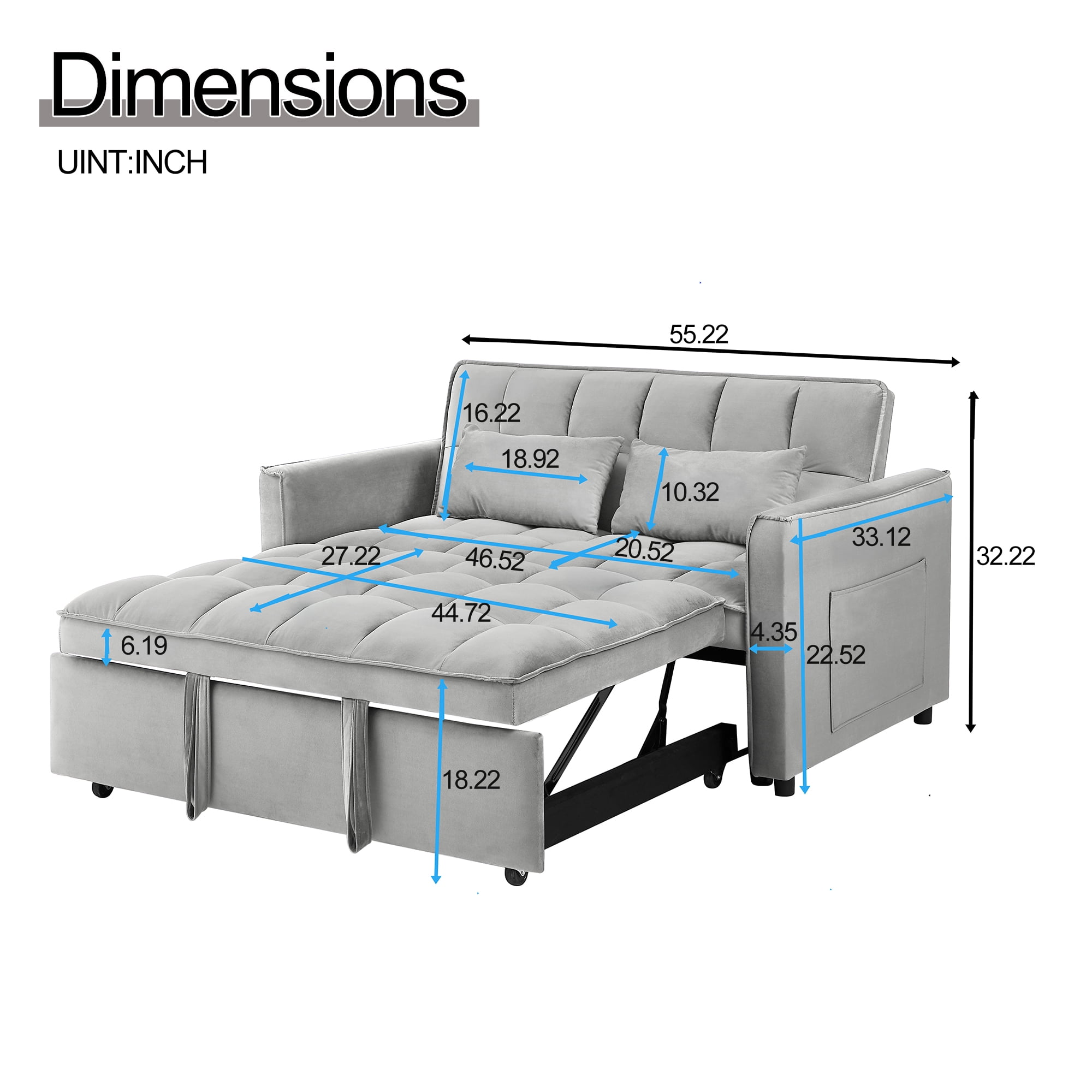 Leumius Convertible Sofa Bed,3 in 1 Sleeper Sofa with Pull Out Bed,Loveseat Couch with Adjustable Backrest for Living Room,Gray