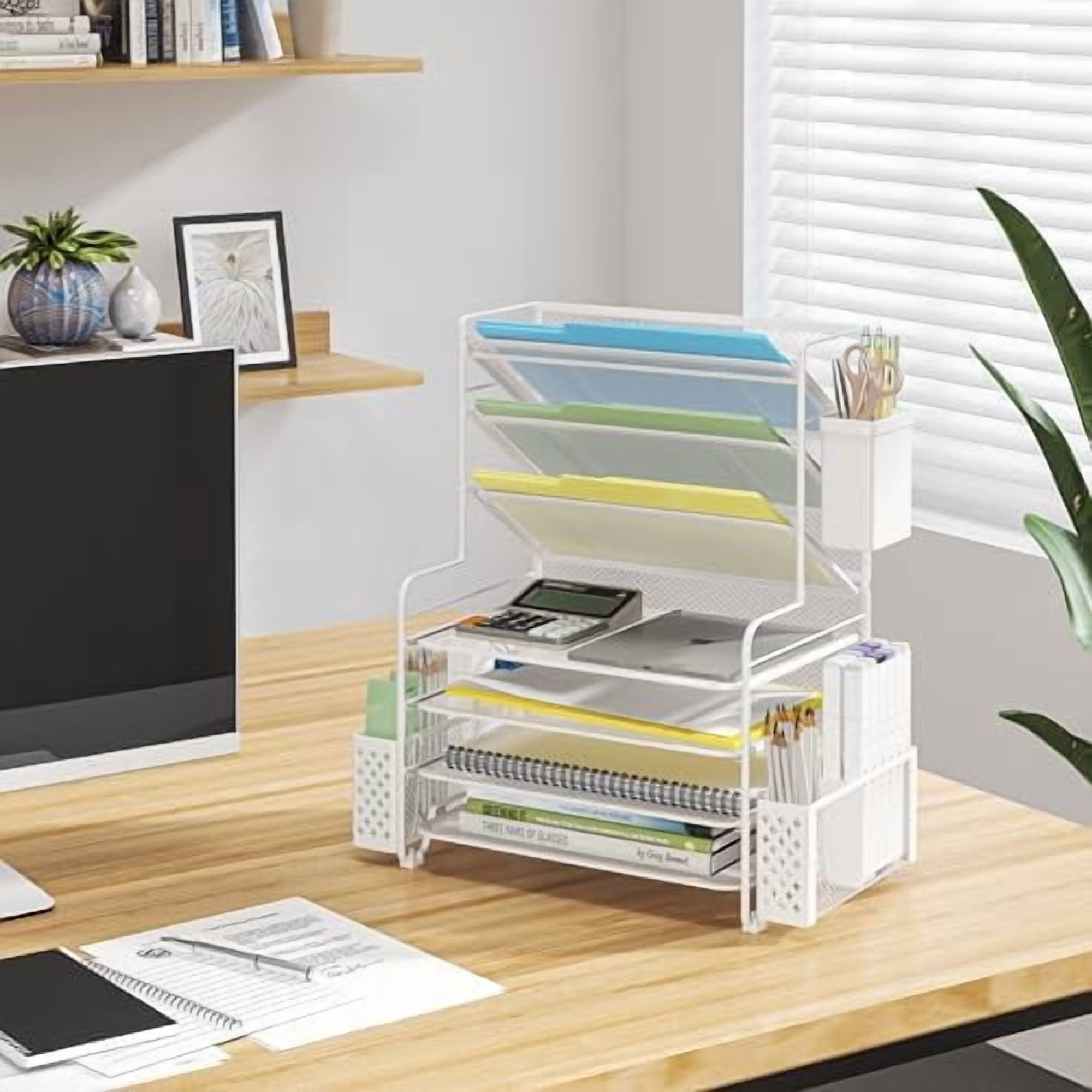 7 Tier Desk File Organizer, Letter Tray Paper Organizer with Pen Holder and Metal Hanging Basket, White