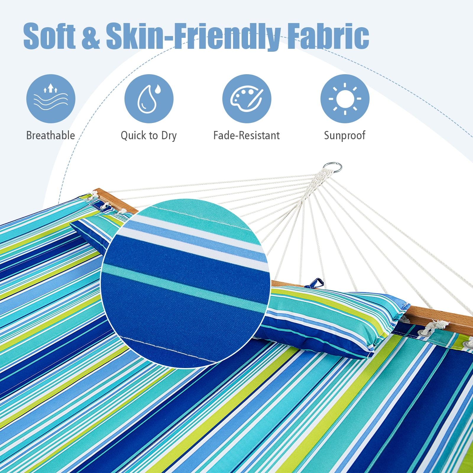Patiojoy Portable Hammock W/ Spreader Bars & Detachable Pillow Quick Dry & Water Proof Material Hand Woven Cotton Rope Blue + Green
