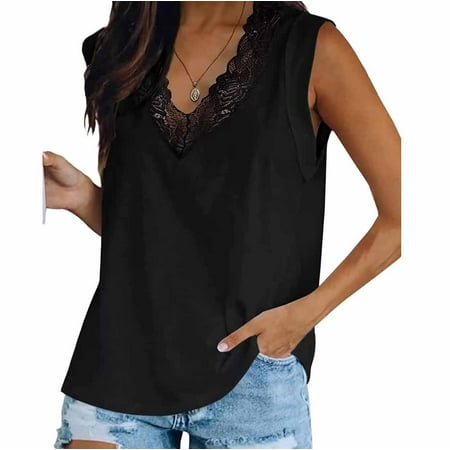 

Ruziyoog Women Tops Dressy Casual Women Casual Sleeveless Tank Summer Pleated Loose Shirts Lace Beach Blouse Tops Black XL