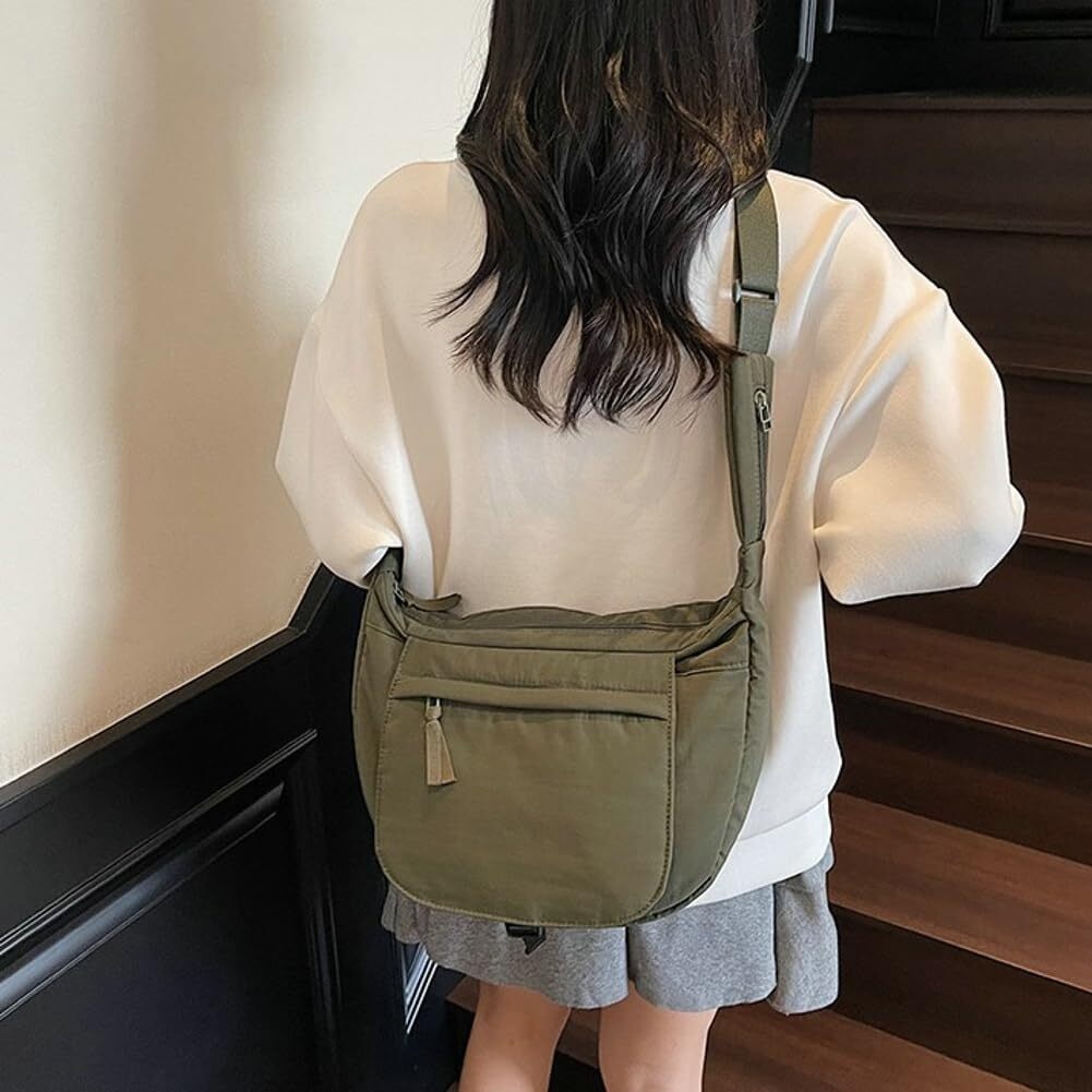 LKJYER Slouchy Nylon Bags for Women 2025 Crescent Crossbody Bag Hobo Shoulder Purse Work Travel Tote Handbag Everyday Purses