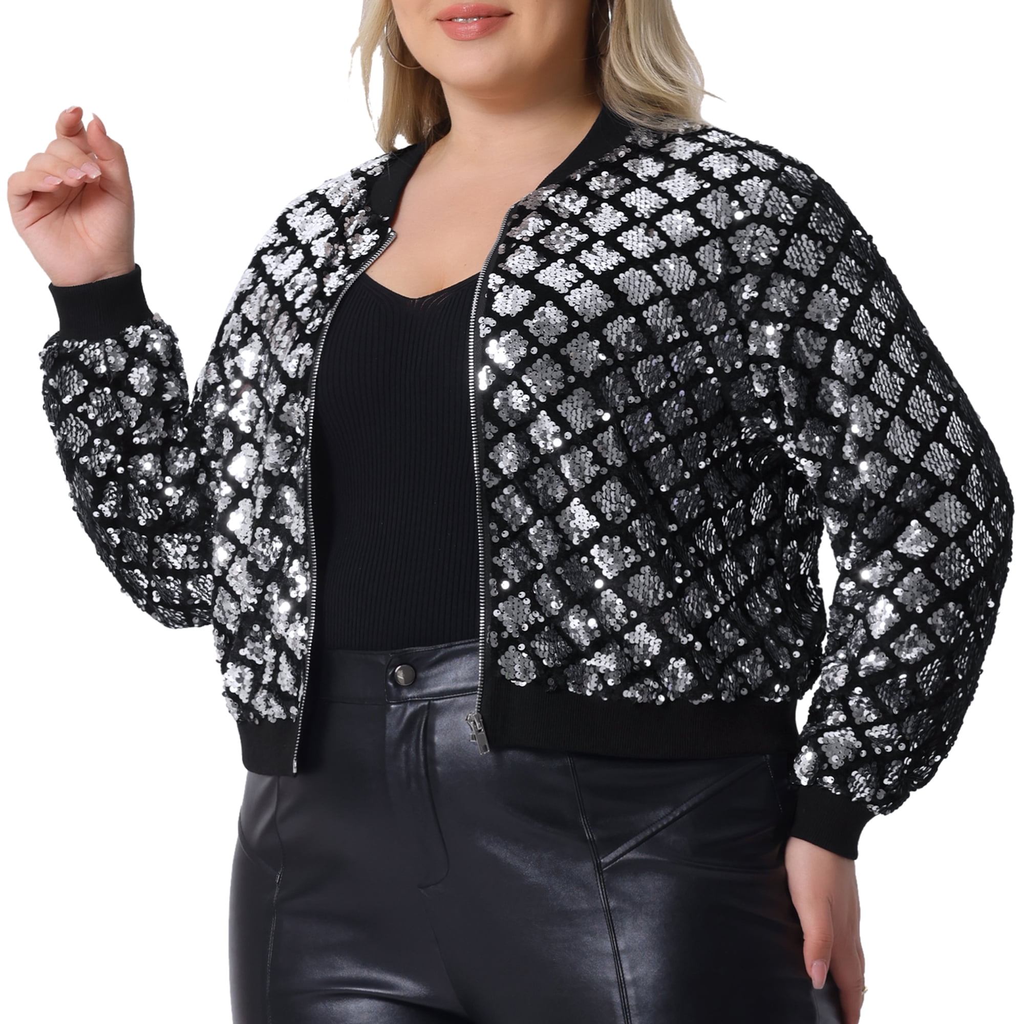 DARING DIVA Women's Plus Sequin Bomber Zipper Long Sleeve Sparkle Jacket 2X silver