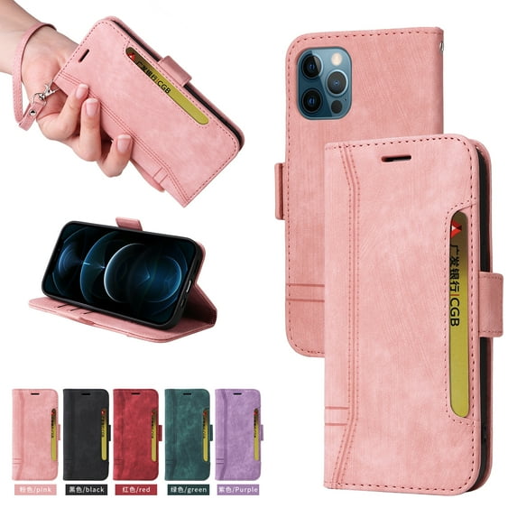For iPhone 12 Pro Flip Case, iPhone 12 Wallet Case Slide Card Pocket Premium PU Leather Folio Flip with Design Card Slots Wrist Strap Shockproof Kickstand Magnetic Protective Cover, Pink