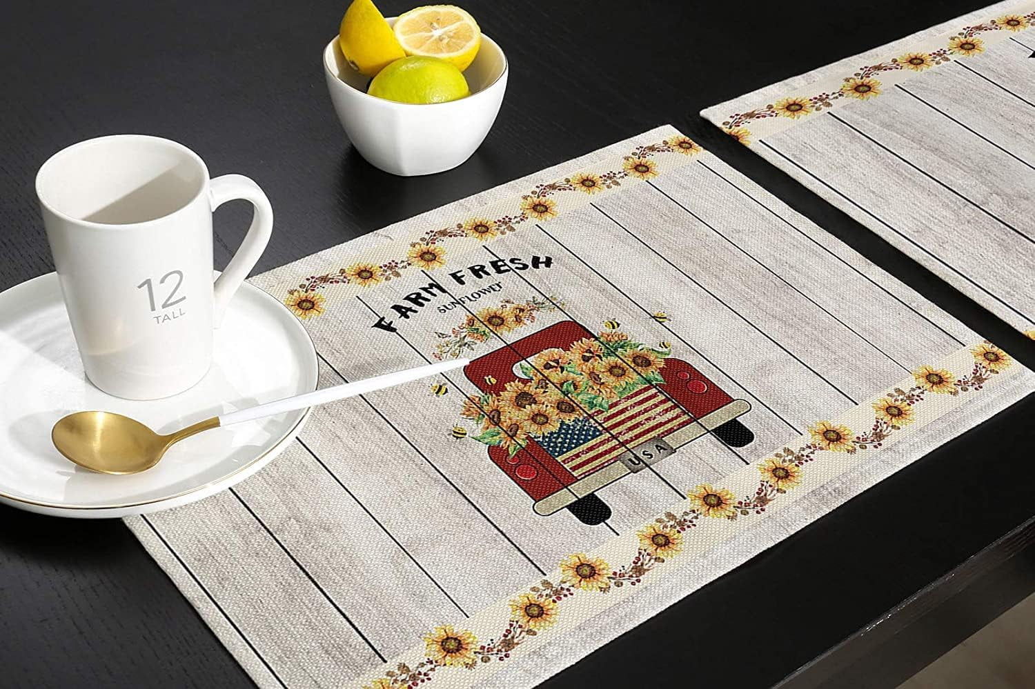 Sunflower on Car Rustic Placemats Washable Place Mats Table Mats Farmhouse Set of 6 Cotton Linen Indoor Placemat for Kitchen Living Room Wooden Board 12 x 18 Inches