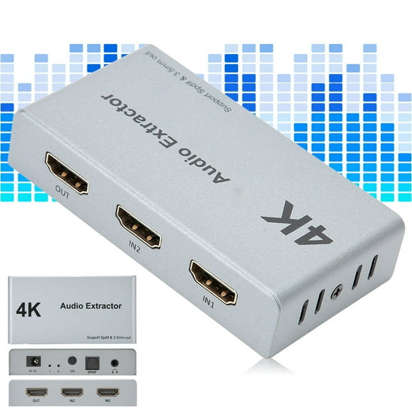 HD Multimedia Interface Audio Extractor, 2 In 1 Out 4K 30hz DC5V Manual Control HD Multimedia Interface Audio Distributor, Digital HD for Audio Extract with 3.5mm Ports Audio Convert Support HDR