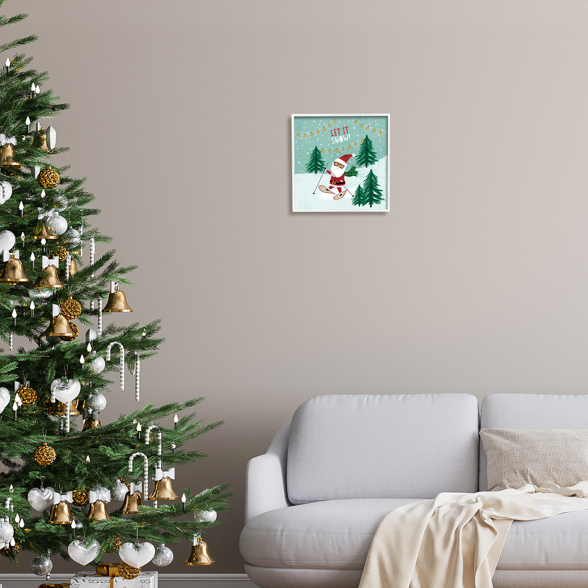 Stupell Industries Let It Snow Santa Snowshoeing Holiday Painting White Framed Art Print Wall Art