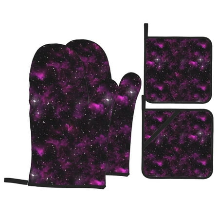

Oven Mitts and Pot Holders Sets 4 pcs Glitter starry texture purple Non-Slip Oven Gloves Potholders Soft Quilted Lining Heat Resistant Gloves Hot Pads for Kitchen Cooking Baking