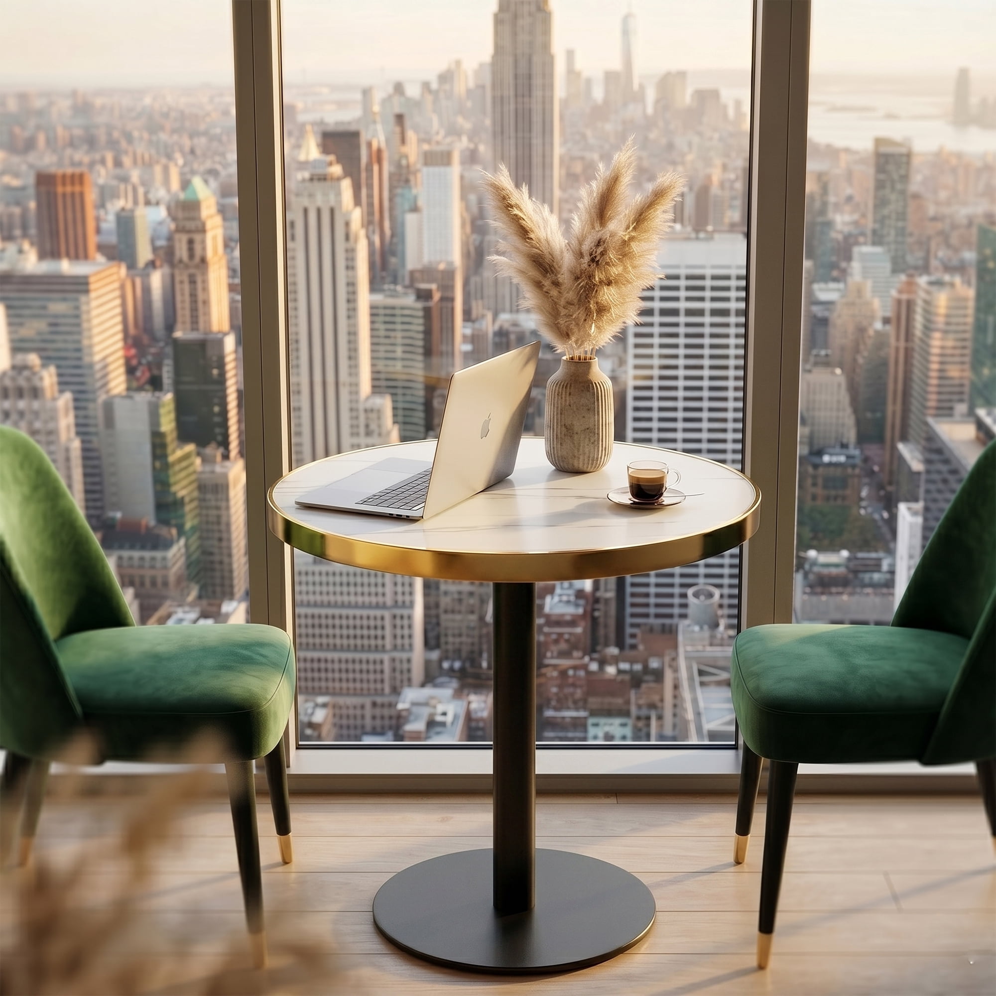 23.6" Round MDF sprayed with UV paint countertop, marble texture, stainless steel edging, metal table legs, modern light luxury edge/coffee table.