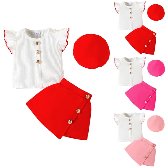 idosla Girls Clothes Ruffle Short Sleeve Round Neck Button Top Skirt Short Beret Fall Outfit 3 Piece Skirt Set (Red, 2-3 Years)