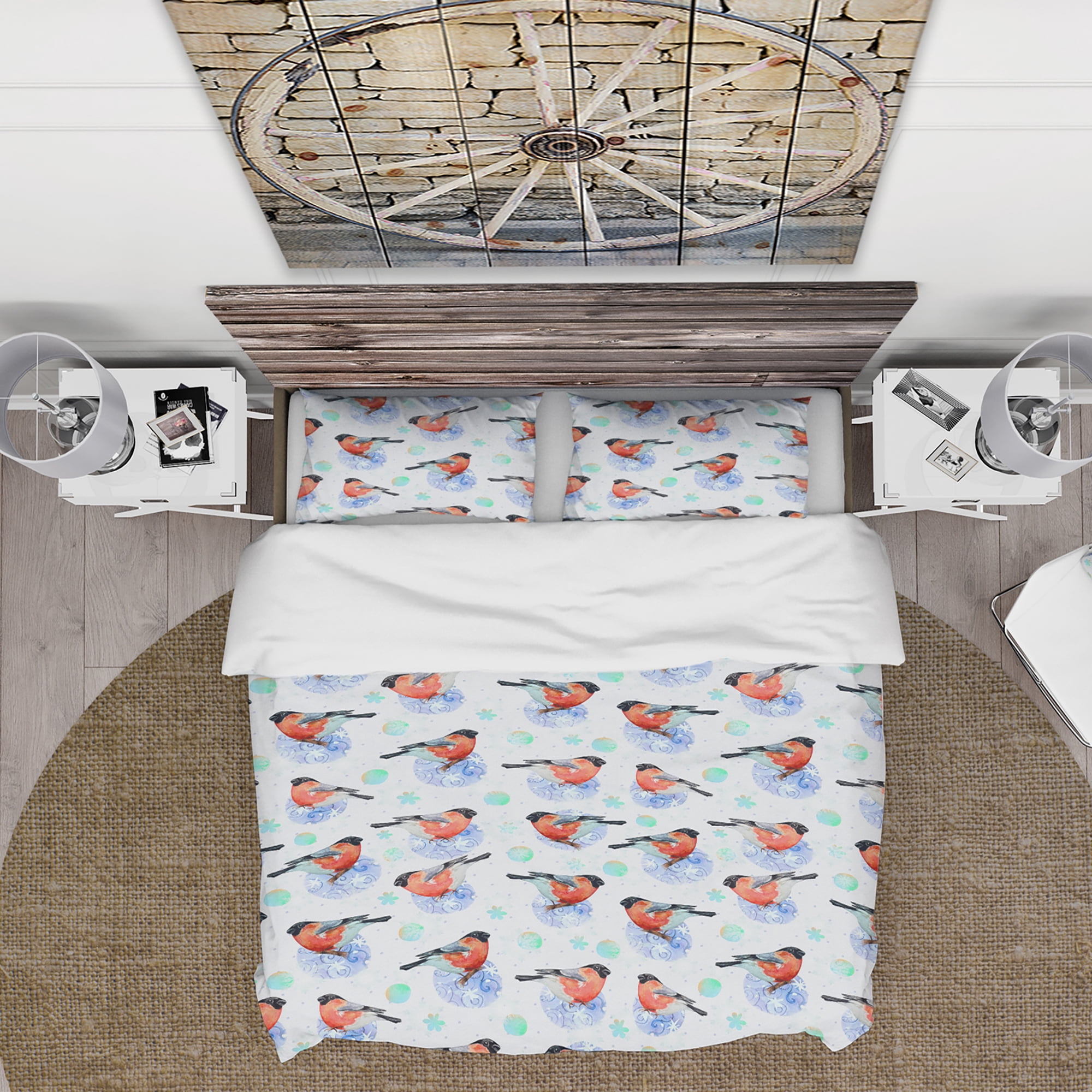 Designart 'Bullfinch Bird on Abstract Doodle Circles' Animals Duvet Cover Set