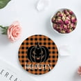 thumbnail image 4 of FMSHPON Happy Halloween Grimace Pumpkin Orange Buffalo Plaid Set of 8 Round Coaster for Drinks, Absorbent Ceramic Stone Coasters Cup Mat with Cork Base for Home Kitchen Room Coffee Table Bar Decor, 4 of 6