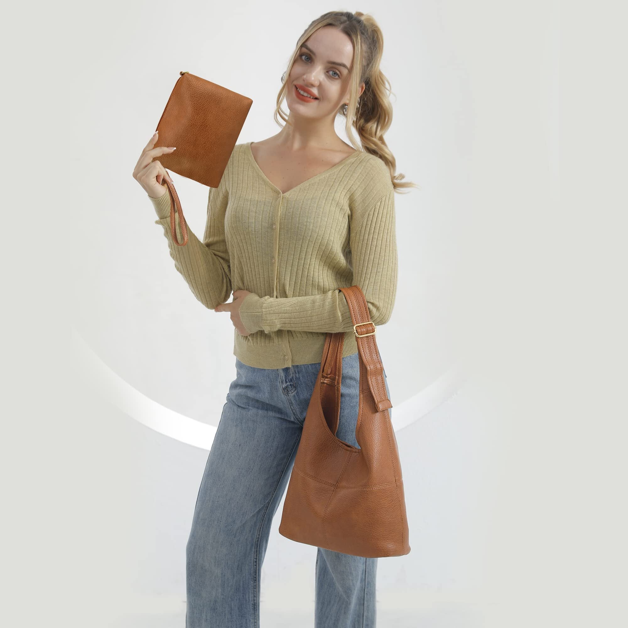 Montana West Hobo Bags Purse for Women Ultra Soft Foldable Shoulder Slouchy Handbags with Cosmetic bag, Brown