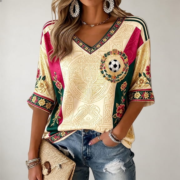 Mexico 2026 Soccer Cup Fan Jersey for Women, V-Neck Short Sleeve T-Shirt with Vintage Floral & Soccer Graphic Print, Breathable Casual Sports Tee Pullover Top, 1 PC Beige L