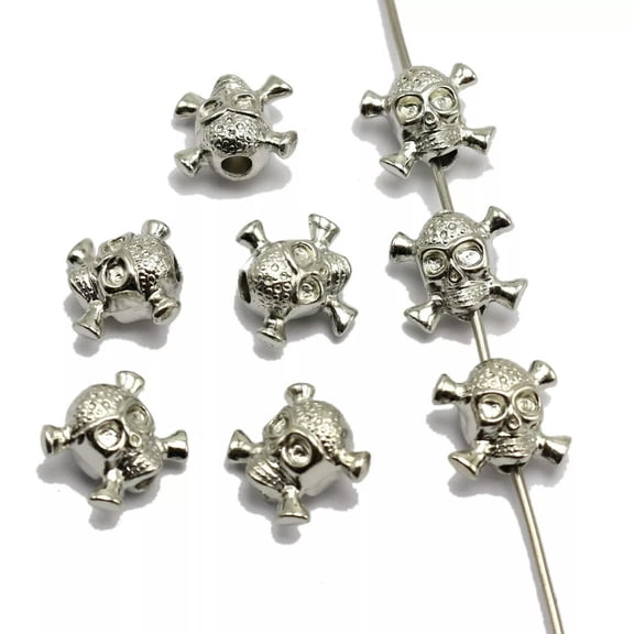 U8MO 100 Silver Tone Metallic Acrylic Skull CrossBones Beads 14X12mm