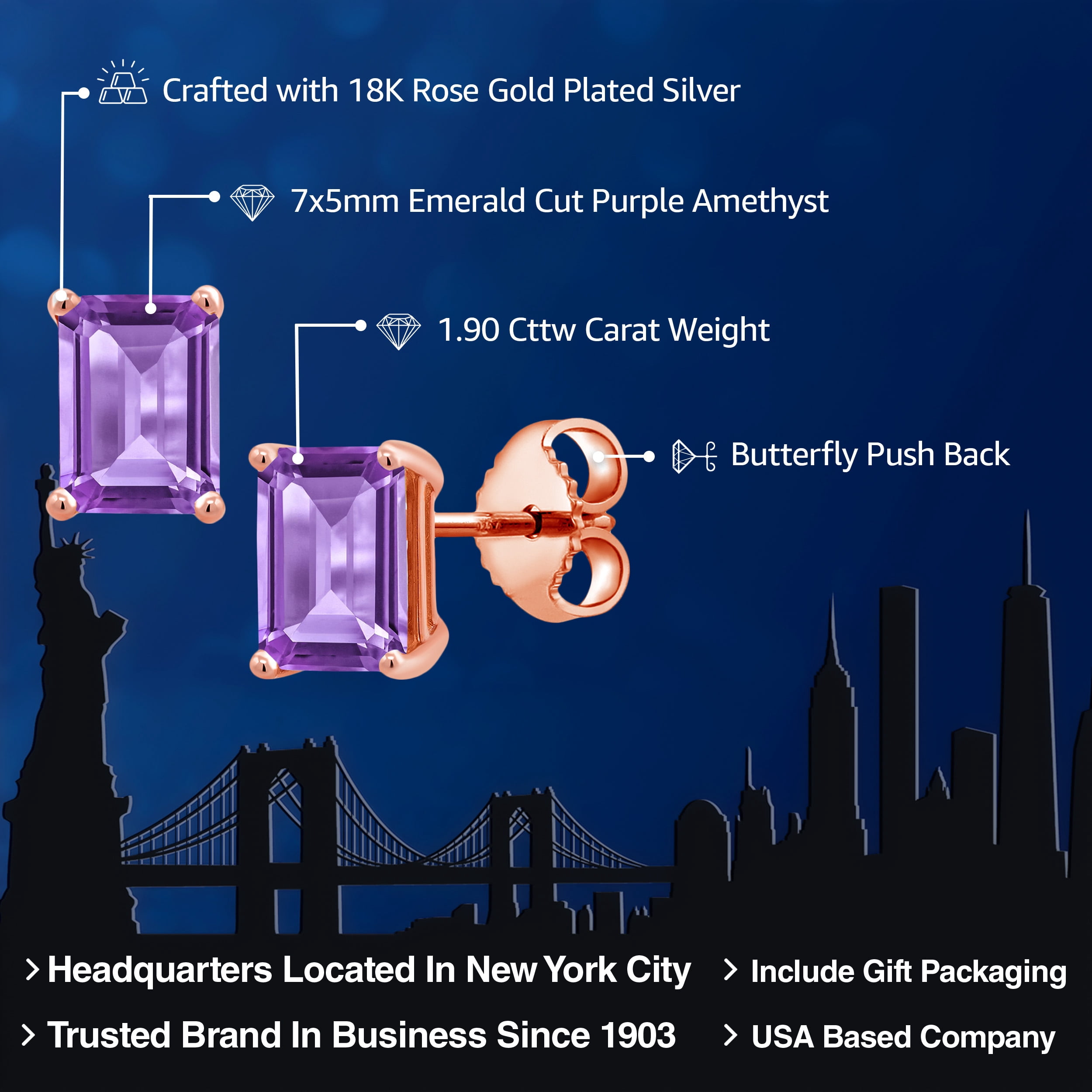 Gem Stone King 1.90 Ct Octagon 7x5mm Purple Amethyst 18K Rose Gold Plated Silver Stud Earrings for Women Men