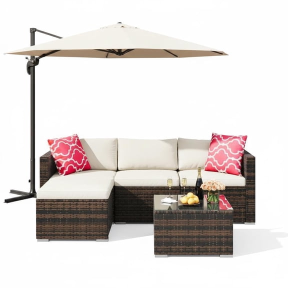5-Piece Patio Furniture Set, Wicker Rattan Sectional Sofa with Cushions, Glass Top Storage Table & Footstool, L-Shaped Outdoor Conversation Set for Porch Backyard Garden – Brown and White