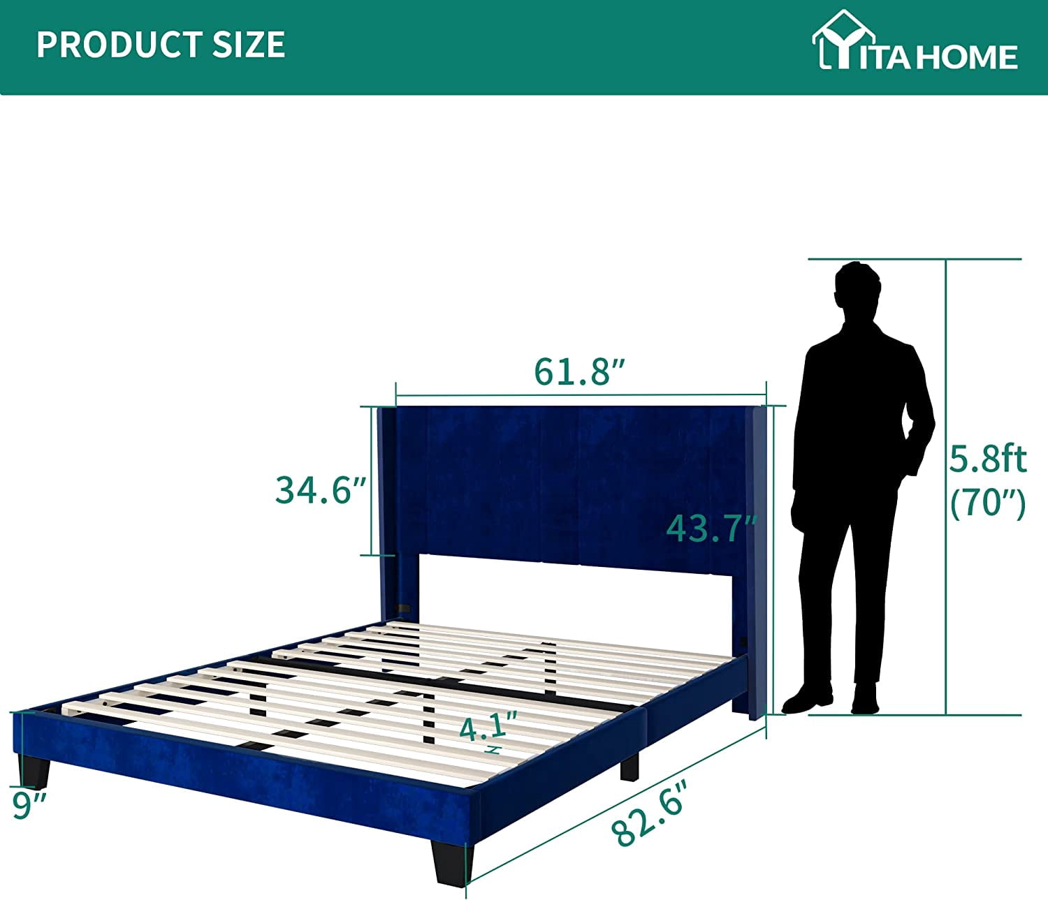 Dextrus Upholstered Wingback Platform Bed with Navy Blue Headboard,  No Box Spring Needed(Queen)
