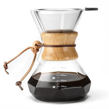 HEIHOX Pour Over Coffee Maker with Stainless Steel Filter, 20 oz Borosilicate Glass Coffee Carafe, Wooden Collar, Coffee Maker Carafe, Hold 3-4 Cups, 600 ml, Clear