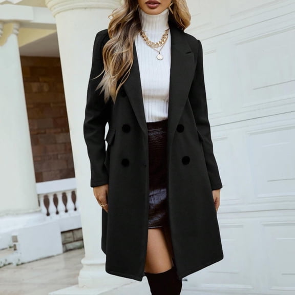 Women's Double Breasted Wool Blend Coat, Notch Lapel Trench Coat, Warm Winter Overcoat, Classic Long Coat, Fall Winter Pea Coat, Elegant Outerwear, Thick Tweed Jacket Black