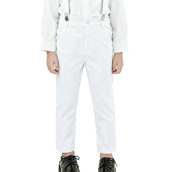 AWZXDE Kids Solid Color Fashion Suspenders Dress Pants for Boys School Versatile Casual Overalls to Wear with White Shirt Stylish Suspenders Pants White,4-5 Years