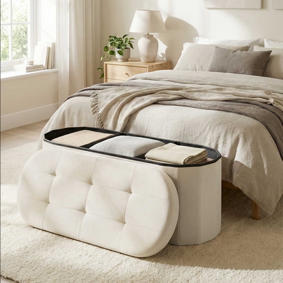 LEDREM Folding Ottoman with Storage, Oval Storage Ottoman Bench, Velvet Fabric, 15 x 43 x 15 Inches, for Living Room Bedroom, Cream White