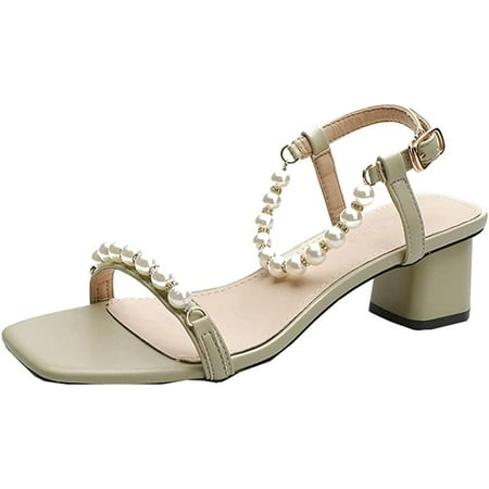 

CoCopeaunts Women\‘s Ankle Strap Dress Sandals Summer Open Toe Heeled Sandal Pearl Chunky Sandals Shoes for Party Travel