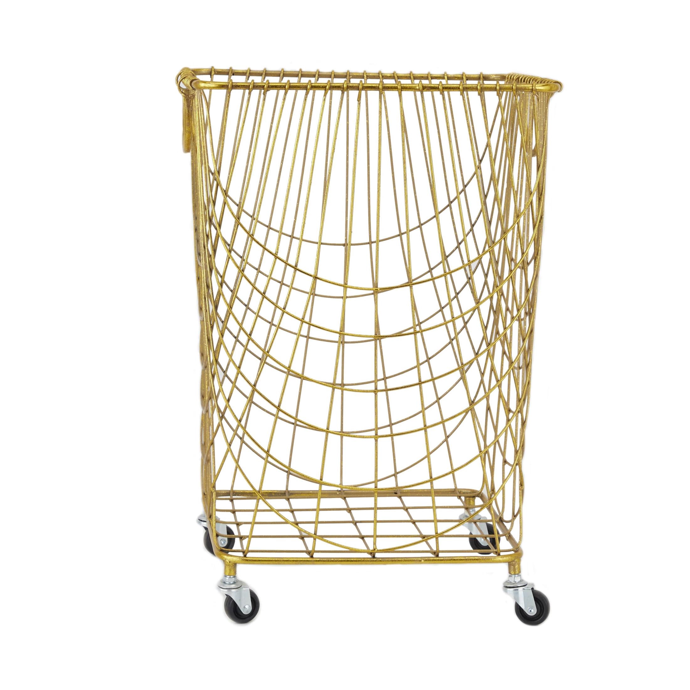 DecMode Gold Metal Deep Set Metal Mesh Laundry Basket Storage Cart with Wheels and Handles