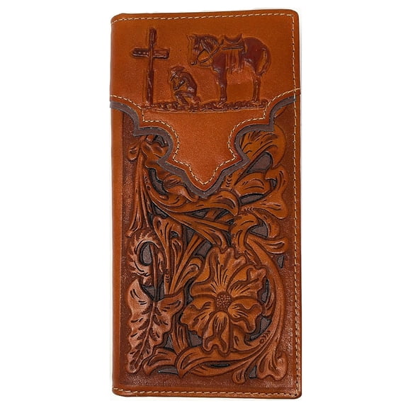 Genuine Leather Basketweave Floral Tooled Praying Cowboy Mens Long Bifold Wallet