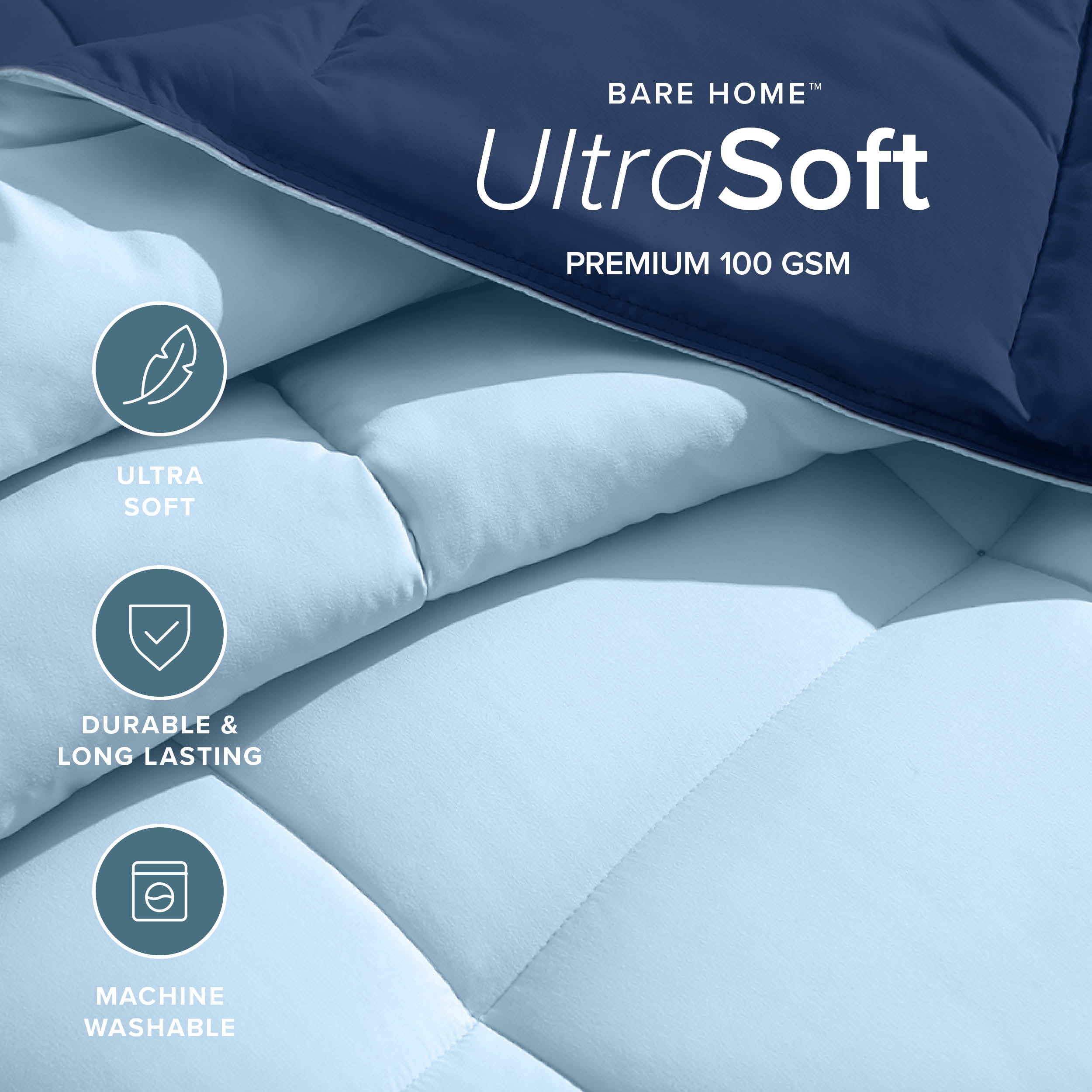 Bare Home 1800 Collection Reversible Down Alternative Comforter, All-Season, Twin/Twin-XL, Dark Blue/Light Blue