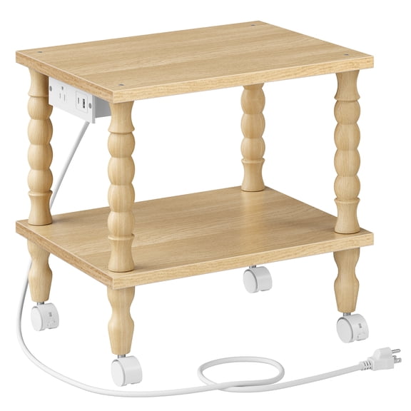 HOOBRO 2-Tier Rolling Printer Stand with Charging Station & Solid Wood Legs, Natural