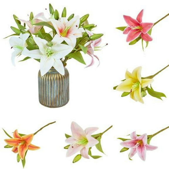 D-GROEE 3 Pcs Artificial Flowers Lily Real Touch Fake Flowers for Wedding Home Party Garden Shop Office Decoration Plastic Lily Faux Flowers