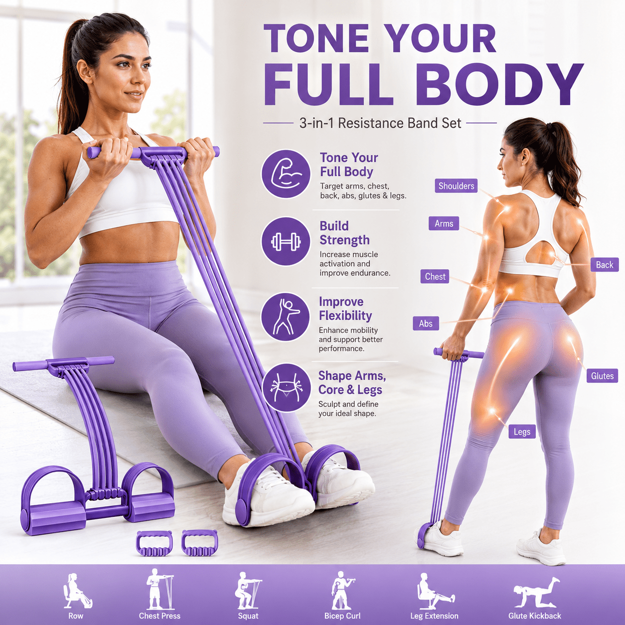 Multifunction Pedal Resistance Band, 8-Tube Exercise Band with Handles & Bonus Resistance Band, 3-in-1 Portable Fitness Trainer for Home Workout, Back Stretch, Foot Pedal Pull & Chest Expand