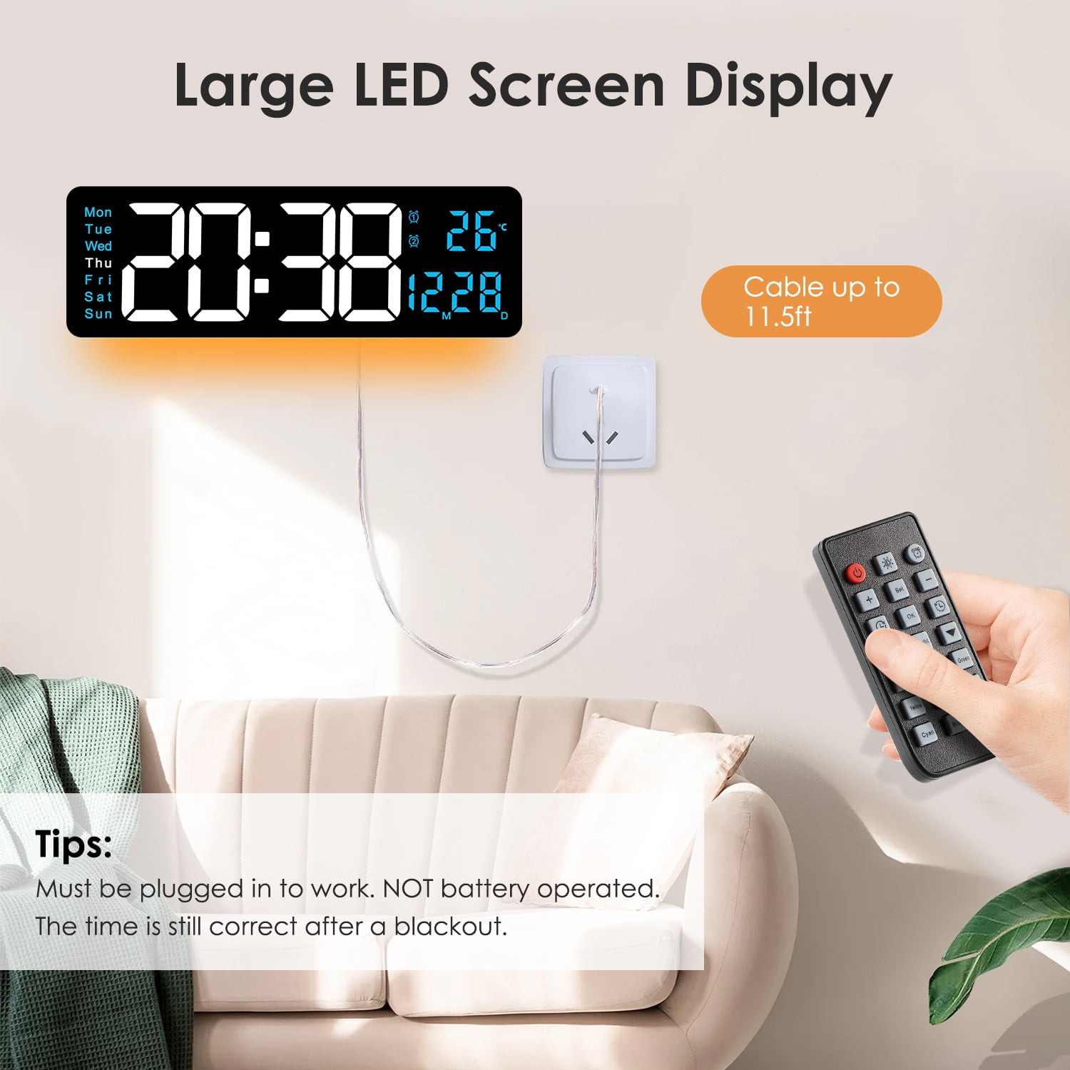 Onekawa 16" Digital Wall Clock,Dimmer Dual Alarm Clocks for Bedroom,8 Colors Large LED Display with Remote Control,12/24H,Black